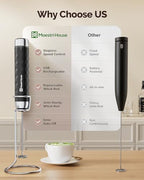 Maestri House Rechargeable Milk Frother with Stepless Speed Control, LunaFro 2.0 Handheld Electric Foam Maker Waterproof Drink Mixer Foamer for Lattes, Cappuccino+DualFro 600 - Image 4