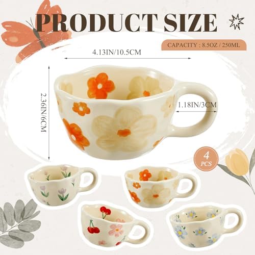Vesici 4 Pack Ceramic Flower Coffee Mug with Spoon 8.5 oz Cute Tea Cup - Image 2