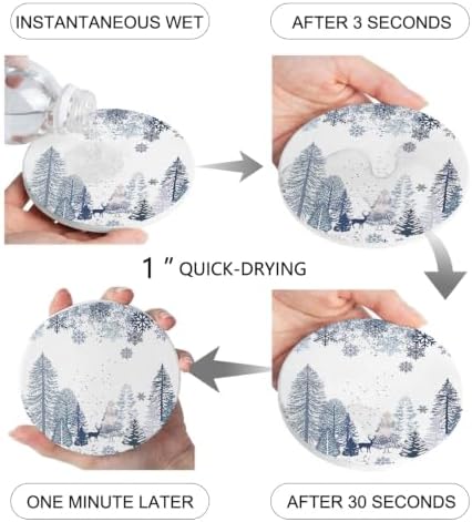 Winter Forest Coasters for Drinks, Sets of 6 with Holder Natural Pine Trees Snowflakes Deer Blue Absorbent Ceramic Coaster with Cork Base Decor for Wooden Table & Bar, Housewarming Gift Home Decor - Image 5