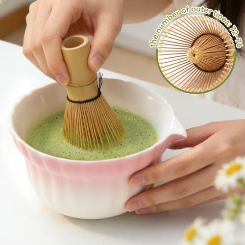 Matcha Whisk set, Matcha Set with Daisy Matcha Bowl & Mushroom Whisk Holder, Complete Matcha Kit with Whisk, Sifter, Chashaku, 5 Pcs Bamboo Tea Mat, Ideal Gift for Matcha Lovers, Pink - Image 5