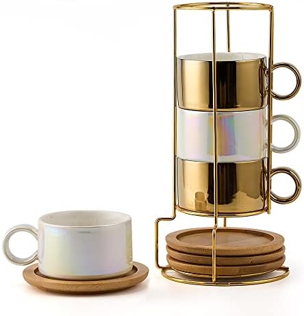 LUKA Porcelain Espresso Cup with Saucers and Metal Stand - 6 Ounce Stackable Ceramic Demitasse Espresso Mugs Cappuccino Cups Set for Latte, Coffee, Cafe Mocha, Tea - Set of 4,Shimmer Golden by LUKA