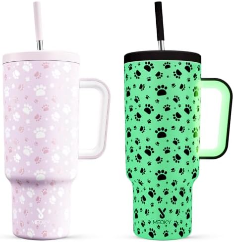 Meoky Glow in the Dark Tumbler: 40 oz Tumbler with Handle and Straw- Stainless Steel Insulated Tumbler for Car Cup Holders - Travelers Commuters Workers (1 Pack, Paw) by MEOKY