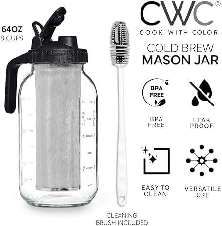 COOK WITH COLOR Cold Brew Coffee Maker - 64oz Mason Jar Pitcher with Stainless Steel Filter, Airtight Glass Jar, Pour Spout Lid & Handle, Ideal for Iced Coffee & Tea, Includes Brush, Black - Image 4