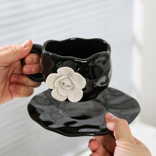Cute Ceramic Coffee Cups, Unique Fancy Tea Cups with Saucer, 11OZ for Cappuccino Latte Milk (Pack of 2) - Image 6