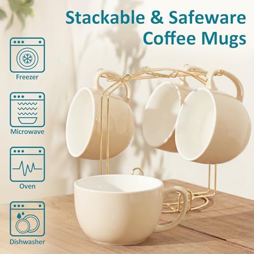 Teocera 16oz Large Coffee Mugs Set of 4 - Thick Cream Porcelain Cups for Cappuccino, Latte, Tea & Hot Chocolate - Dishwasher Safe Ceramic with Comfort Grip Handles - Image 6