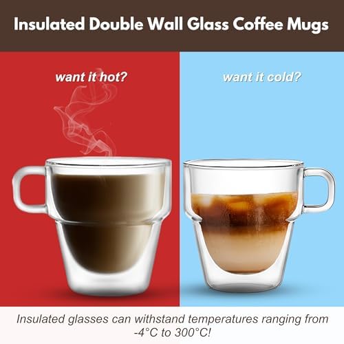 Clear Glass Coffee Mugs with Silicone Button Coasters - Insulated Espresso Cups Set of 4 - Double Walled Espresso Glasses for Tea & Coffee Bar Accessories - Double Wall Cappuccino Cup Set (12 oz) - Image 2