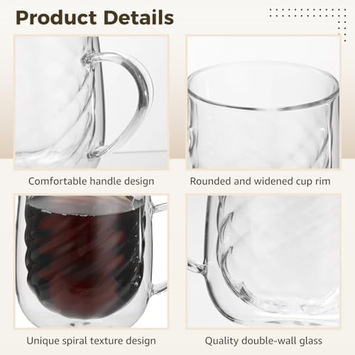 4 Pcs Double Walled Glass Coffee Mug Set, 12 oz Insulated Clear Cups with Handle, Spiral Pattern Design Glassware, includes 4 Stainless Steel Spoons, for Latte, Cappuccino, Tea, Hot and Cold Drinks - Image 5