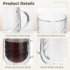 4 Pcs Double Walled Glass Coffee Mug Set, 12 oz Insulated Clear Cups with Handle, Spiral Pattern Design Glassware, includes 4 Stainless Steel Spoons, for Latte, Cappuccino, Tea, Hot and Cold Drinks - Image 5