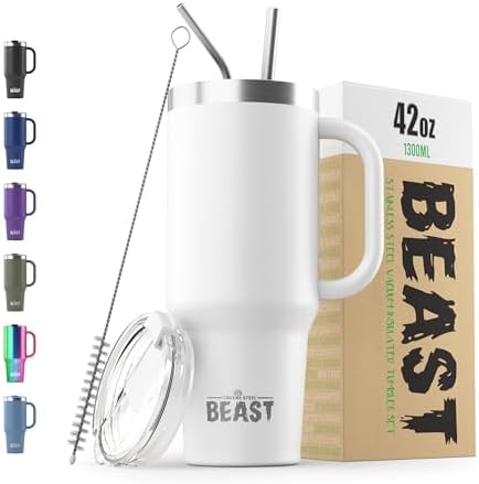 Beast 42 oz Tumbler with Handle Stainless Steel Vacuum Insulated Coffee Ice Cup Double Wall Travel Flask (Arctic White) by GreensSteel