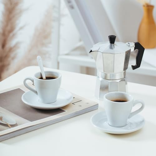 Espresso Cups Set of 6, 2.8 oz White Espresso Cups and Saucers - Image 2