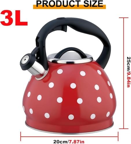 2026 Upgraded Whistling Tea Kettle Stovetop, 3.2qt 304 Stainless Steel Teapot with Polka Dot Design, Retro Cool Touch Teakettle for Gas Induction Electric Stove Red 3.2 Quarts - Image 2