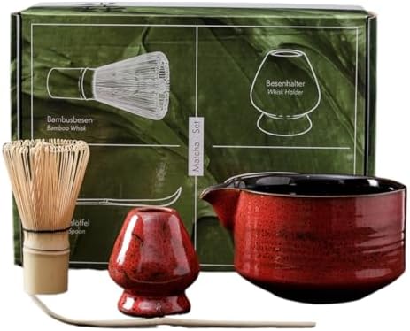 Japanese Matcha Set (7pcs) Matcha Whisk Set Matcha Bowl Matcha Whisk (chasen) Scoop (chashaku) Matcha Whisk Holder Tea Making Kit (4 Pcs,Red) by ZITEZHGO