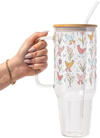 Sip-Sip Hooray! Funky Chickens in Boots 40oz Glass Tumbler with Lid by Sip-SipHooray