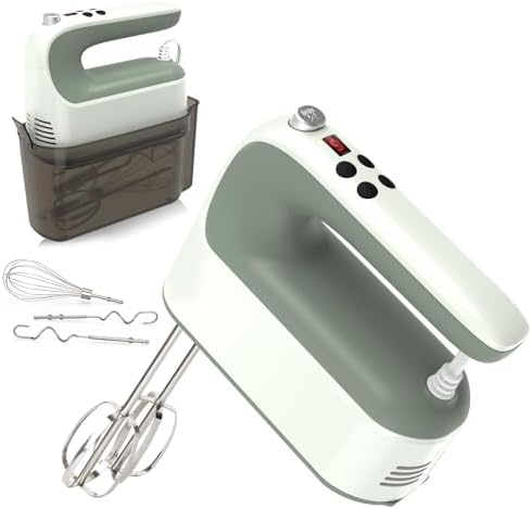 Yomelo 9-Speed Digital Hand Mixer Electric, 400W Powerful DC Motor, Hand Mixer Electric Handheld with Snap-On Storage Case, 5 Stainless Steel Accessories, Beaters, Dough Hooks, Whisk(Light Green) by Yomelo
