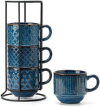 Large Ceramic Coffee Mug Set of 4 with Stand, 15 Oz Stackable Different Embossment Ribbed Latte Cup Set for Cappuccino, Tea, Hot Cocoa, Drinks - Dishwasher & Microwave Safe, Blue by JHJIEMEIHOME