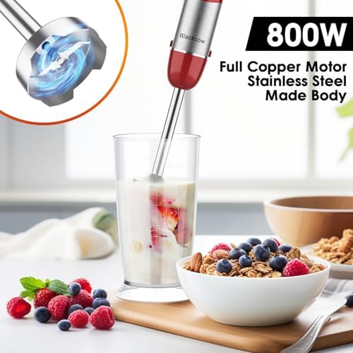 Blackcow Immersion Blender Handheld, Corded Hand Blenders Set 800W, 12 Speed Stick Blender 5 in 1 Stick Emulsifier with Chopper, Whisk and Frother for Soup, Baby Food and Smoothies, Red - Image 3