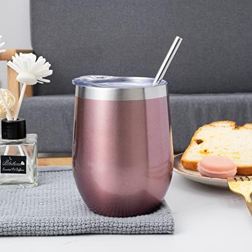 12 oz Insulated Wine Tumbler with Lid and Straw,Stainless Steel Stemless Wine Tumbler Glasses Double Wall Vacuum Wine Cups Tumbler Bulk for Champaign,Cocktail,Office(Rose Gold,8) - Image 5