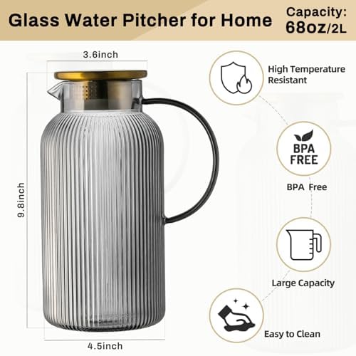 Buaic 2 PACK Glass Pitcher with Lid, 68 oz/ 2L Gray Glass Water Pitcher - Image 2