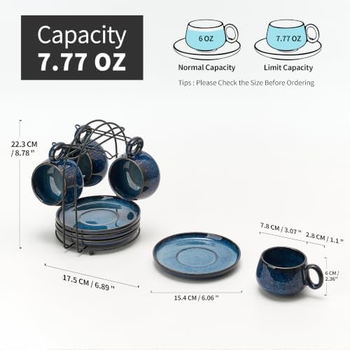 LUKA 7.77 oz Ceramic Cappuccino Cups with Saucers and Metal Stand, Set of 4 Large Unique Porcelain Coffee Cup for Latte, Cafe Mocha, Tea, Espresso, Dishwasher Safe, Reactive Glaze Bule - Image 2