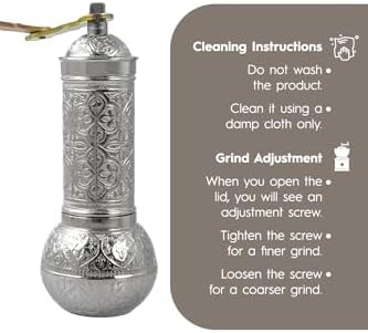 Decorative Handmade Coffee Grinder, Refillable Turkish Spice Mill, Manual Coffee Mill with Handle, Coffee Grinder Metal with Hand Crank 18 cm-7.1 inch (Silver) - Image 6