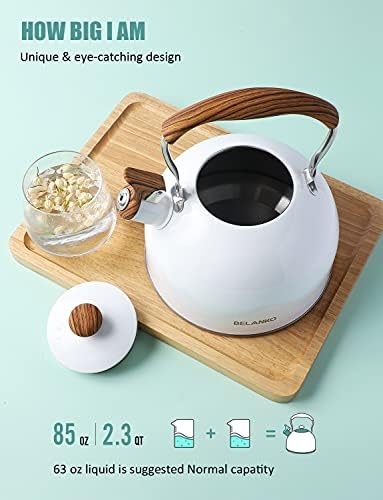 Tea Kettle, BELANKO 85 OZ / 2.5 Liter Whistling Tea Kettle, Tea Pots for Stove Top Food Grade Stainless Steel with Wood Pattern Folding Handle, Loud Whistle Kettle for Tea, Coffee, Milk - Gloss White - Image 3