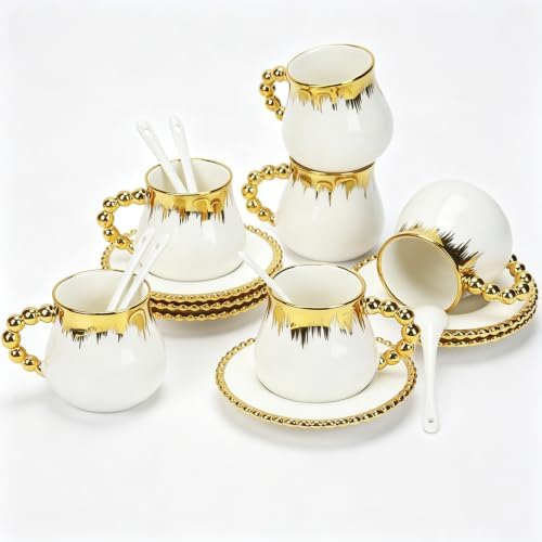 Espresso Cups Set of 6, 8 oz Ceramic Coffee Cup and Saucer Set with Spoons, Gold Trim Coffee Cup Mugs for Latte, Mocha, Tea, Au Lait, Flat White, Dishwasher & Microwave Safe by Hebaogugu