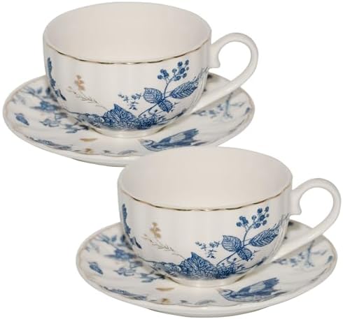 Tea Cups and Saucers Coffee Cappuccino Espresso Latte Cup Mugs Special Gold Line Ceramic Cup Porcelain Tea Cups Set of 2 (7 oz) for Gifts,Party,Gatherings, Afternoon Teas,Receptions by KAITOER