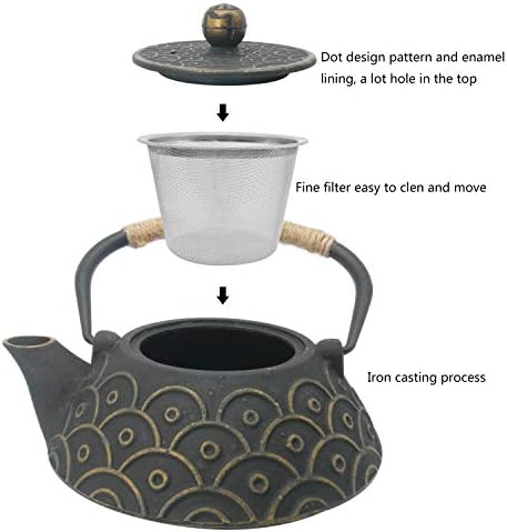 InnoLife Cast Iron Teapot with Stainless Steel Infuser, Japanese Tea Pot for Loose Leaf, Tea Kettle with Enameled Interior, Fish Scale Pattern 900ml/30oz - Image 3