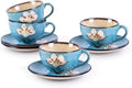 8 Oz Floral Porcelain Cappuccino Cups with Saucers Set of 4, Stoneware Tea Coffee Mugs for Home Kitchen & Office, Dishwasher Microwave Oven Safe, for Espresso, Latte, Americano, Milk & Tea, Blue by WHITEPENOY
