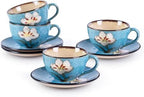 8 Oz Floral Porcelain Cappuccino Cups with Saucers Set of 4, Stoneware Tea Coffee Mugs for Home Kitchen & Office, Dishwasher Microwave Oven Safe, for Espresso, Latte, Americano, Milk & Tea, Blue by WHITEPENOY