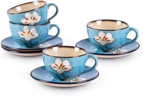 8 Oz Floral Porcelain Cappuccino Cups with Saucers Set of 4, Stoneware Tea Coffee Mugs for Home Kitchen & Office, Dishwasher Microwave Oven Safe, for Espresso, Latte, Americano, Milk & Tea, Blue by WHITEPENOY