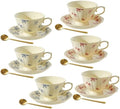 Vintage Fancy Porcelain Tea Cups and Saucers Set of 6, 8 oz China Ceramic Coffee & Cappuccino Cups with Gold Spoons, Cream Blue & Red Floral Design, Tea Party Gifts for Women by Unknown