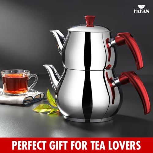 Hakan Stainless Steel 2.8 L, 93 Oz, Midi Double Bondy Tea Pot Set with Self Strainer Double Lids, Turkish Samovar Style Teapot Set, Tea Kettle for Loose Leaf Tea with Red Bakelite Handle 2.9-Quart - Image 6