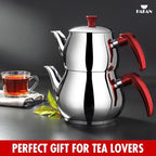 Hakan Stainless Steel 2.8 L, 93 Oz, Midi Double Bondy Tea Pot Set with Self Strainer Double Lids, Turkish Samovar Style Teapot Set, Tea Kettle for Loose Leaf Tea with Red Bakelite Handle 2.9-Quart - Image 6