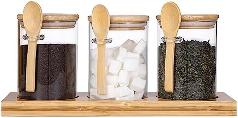 Glass Spice Storage Container with Spoon, 3PCS 20oz Airtight Sealed Condiment Jar with Tray, Kitchen Pantry Seasoning Canister Set for Salt Coffee Sugar Tea & Bathroom Cotton Swab Ball by GURUDAR
