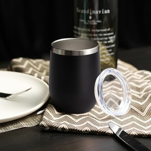 DOMICARE Stainless Steel Wine Tumbler Bulk with Lid, Personalized Insulated Tumblers Set, 12oz Travel Coffee Cups Pack of 12, Black - Image 5