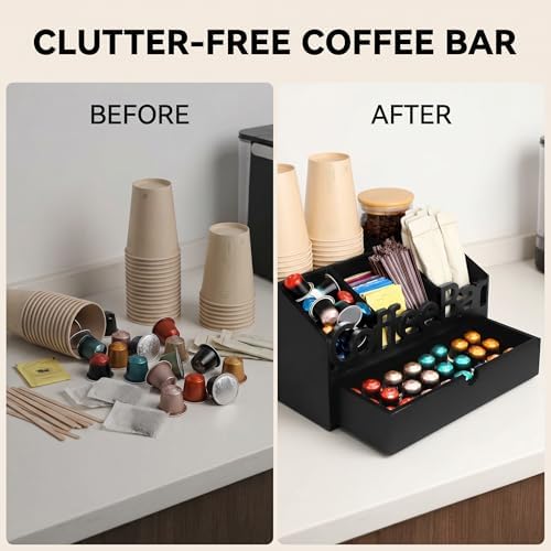 Coffee Bar Organizer Countertop, Wooden Coffee Station with Black Drawer - Image 6