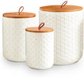 JOJUNO White Embossed Ceramic Canister 3 Piece with Airtight Bamboo Lid by Unknown