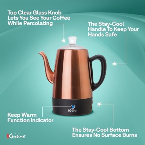 Euro Cuisine PER08 Stainless Steel Electric Coffee Percolator, 8 Cup, Polished Copper Finish, Dripless Gooseneck Spout, Clear Glass Knob, Brewing Indication, Keep-Warm Function, Detachable Cord - Image 4