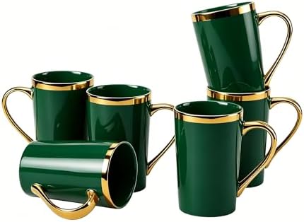 Green and Gold Coffee Mugs Set of 6, 12 oz Porcelain by Loymokinar