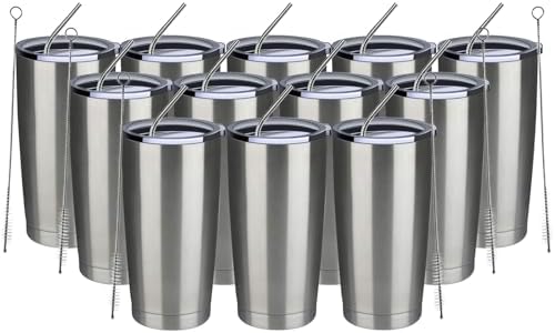 MEWAY 20oz Tumbler 12 Pack Double Wall Vacuum Insulated Travel Mug Bulk, Stainless Steel Tumblers with Lid and Straw, Durable Powder Coated Coffee Cups for Cold & Hot Drinks (Silver, 12) by MEWAY