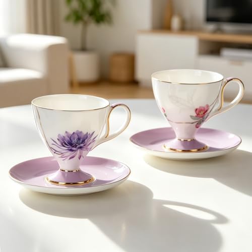 KAMMAK Tea Cups Set of 2,Ceramic Floral Pattern Demitasse Cup - Image 6