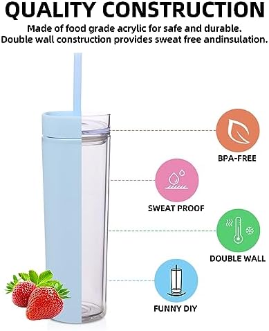 Volhoply 16oz Plastic Skinny Tumbler With Lid and Straw Bulk 8 Pack,Insulated Double Wall BPA Free Matte Acrylic Tumblers,Iced Coffee Mug Reusable Party Cup,Customizable Diy Gifts(Assort color,8 Set) - Image 3
