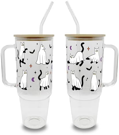 Sip-Sip Hooray! Ghost Cat 40oz Glass Tumbler with Lid and Straw, Spooky Halloween Cup, Cute Halloween for Women, Iced Coffee Glass by Sip-SipHooray