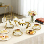 20 Pcs Porcelain Tea Set with Metal Holder and Spoon, European Ceramic Tea Set for Adults, European Flower Painting Teapot Cup Saucer Spoon Set for 6, 1000ML Gift Pack(White) - Image 6
