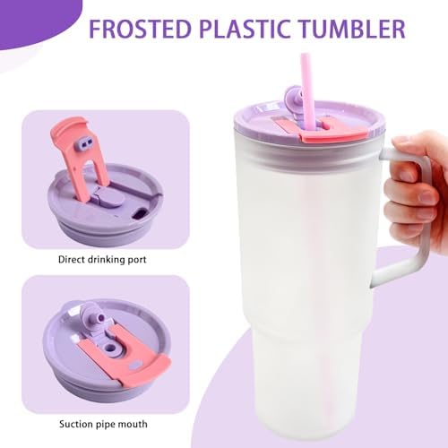 40oz Frosted Plastic Tumbler with Handle and Straw Lid, Reusable Large Iced Coffee Cup Travel Mug for Cold Drinks, Clear Acrylic Tumbler Cup for Smoothies, Tea, Juice, Office & Outdoor Use - Purple - Image 4