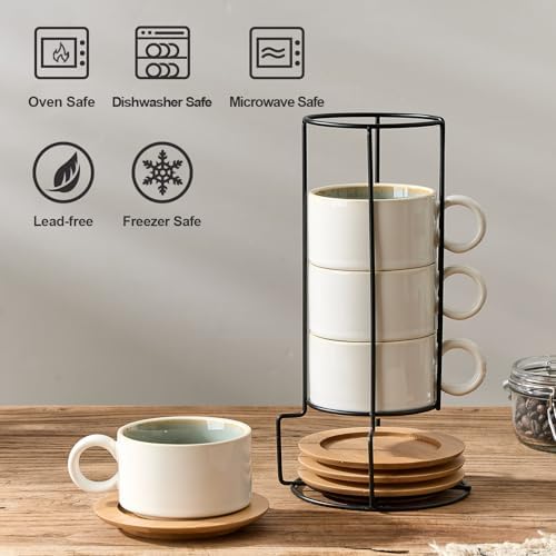 LUKA 6 Ounce Porcelain Stackable Espresso Cups with Saucers and Metal Stand Set of 4, Ceramic Cappuccino Cups Set for Specialty Coffee Drinks, Latte, Cafe Mocha and Tea, White Green Interior - Image 5