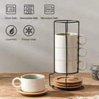 LUKA 6 Ounce Porcelain Stackable Espresso Cups with Saucers and Metal Stand Set of 4, Ceramic Cappuccino Cups Set for Specialty Coffee Drinks, Latte, Cafe Mocha and Tea, White Green Interior - Image 5