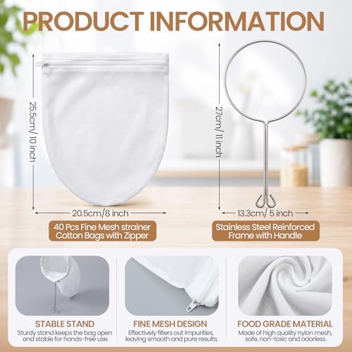 Woanger 40 Pack Reusable Fine Mesh Strainer Bags with Stainless Steel Handle, Large Capacity Nut Filter Bags for Juice, Almond Milk, Coffee, Soup, Bean Beverage & Cold Brew – Sturdy Nylon Strainers - Image 3