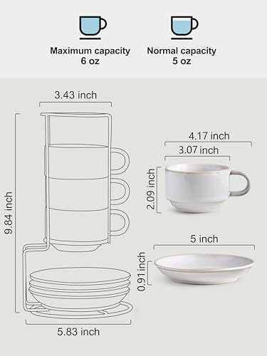 Gomakren 6 Ounce Cappuccino Cups Set of 4 with Saucers & Metal Rack, White - Image 3